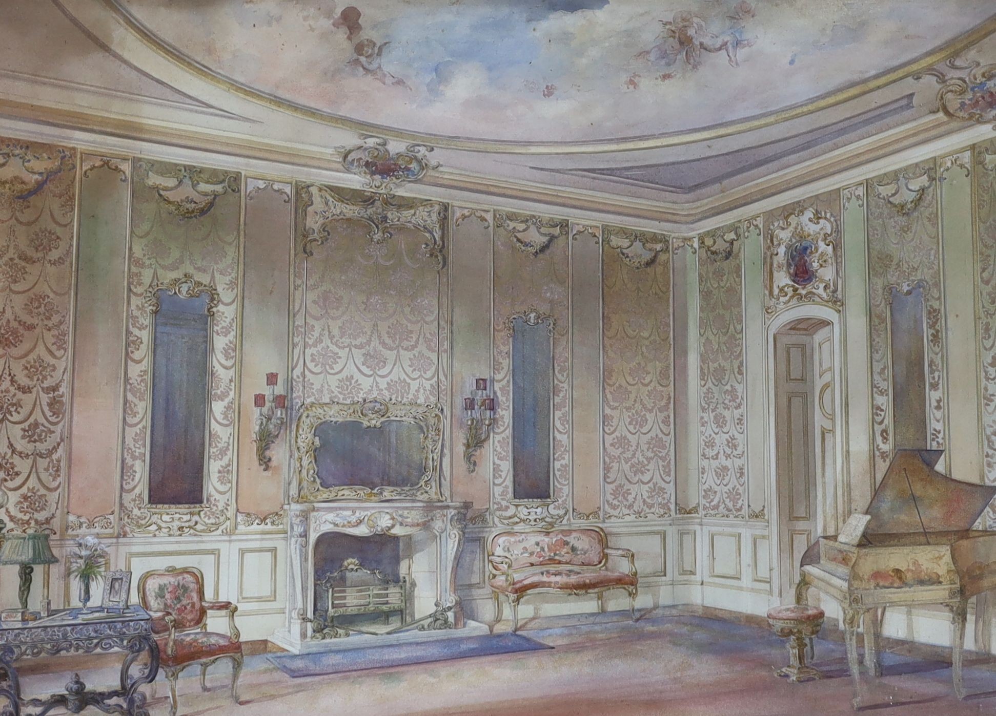 19th century English School, watercolour, Music room interior, 45 x 62cm, maple framed